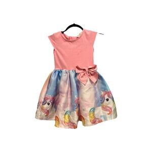 H&M Unicorn Dress Girls Size 5T/6 Pink Flared Skirt Bow Sleeveless